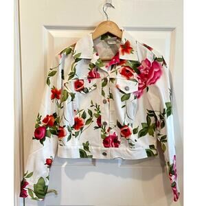 Vintage Fibers Barbara Lesser Floral Poppy Rose Print Cropped Trucker Jacket S